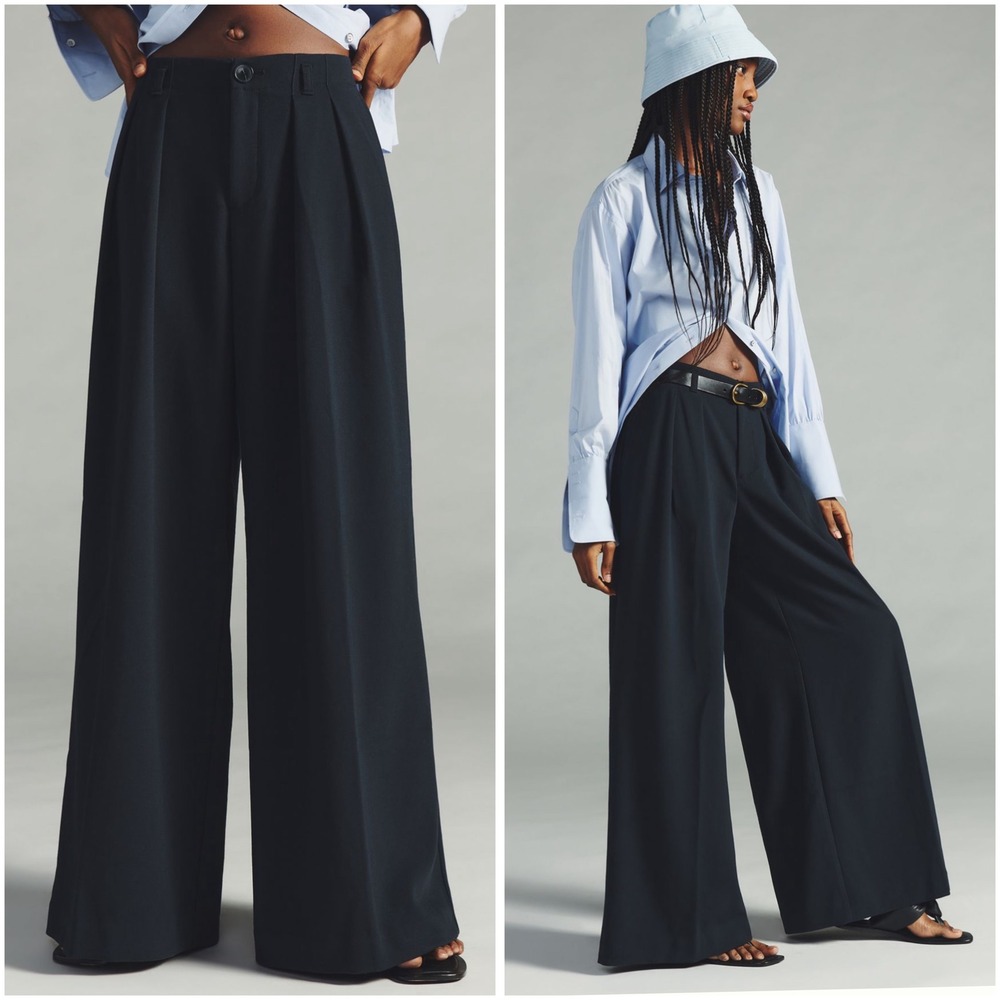 Maeve Anthropologie Avery Pleated Wide Leg Trousers 8 Navy Blue High Rise Office